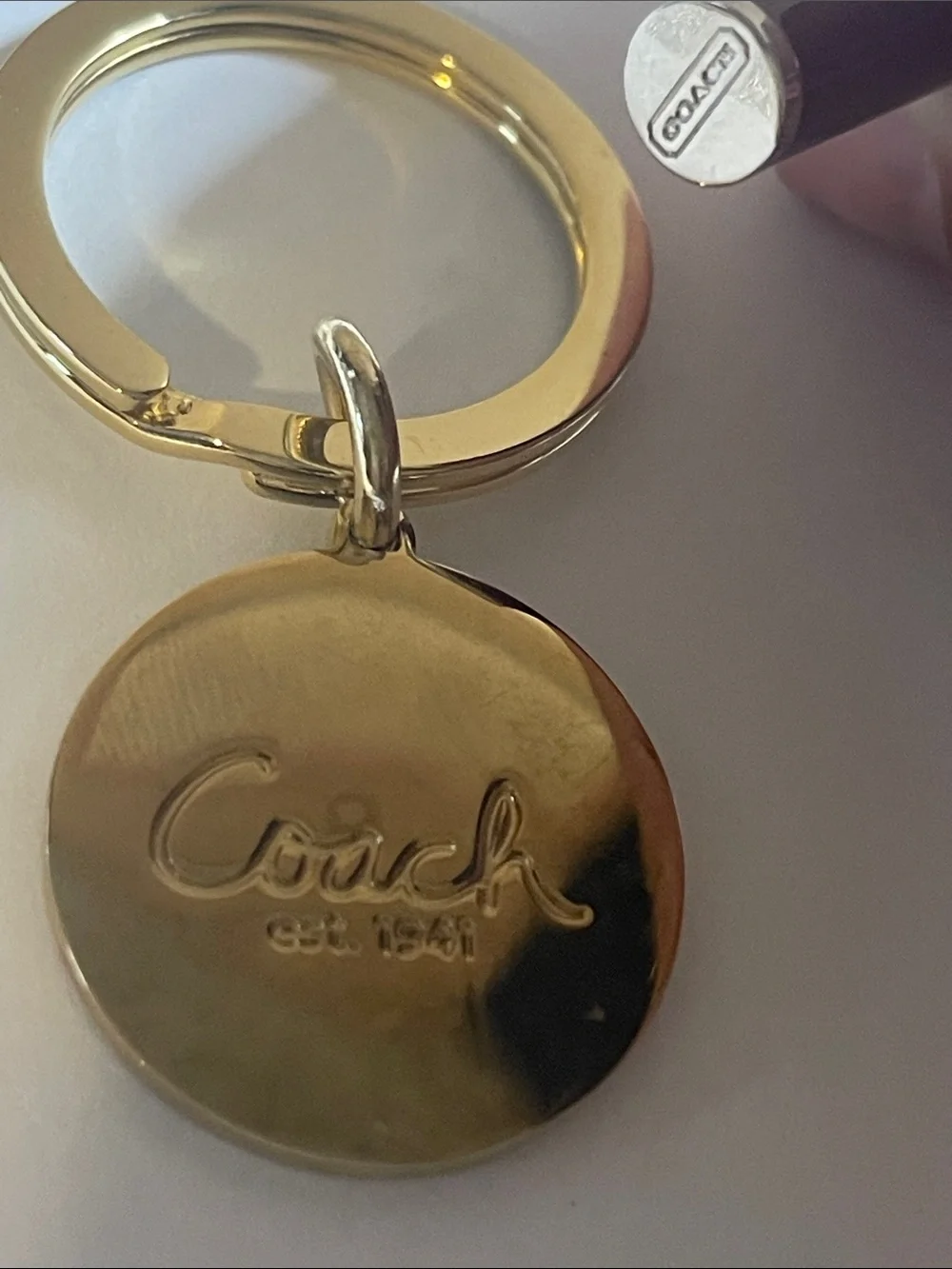Coach Legacy Gold-Tone Multicolor Striped Enamel Keyring and Coach Pen
